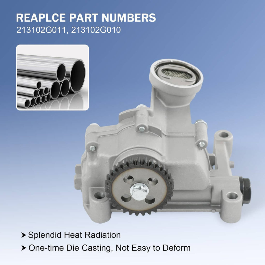 Engine oil pump with gray housing and top inlet screen, showing internal gear