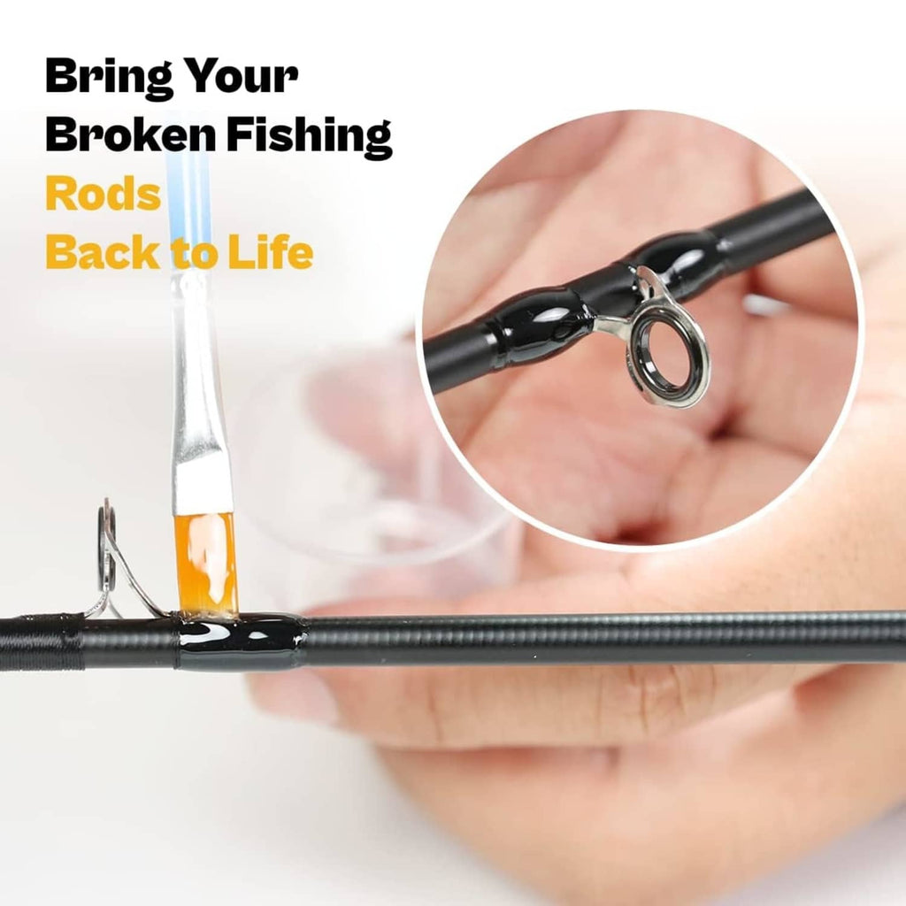 Fishing rod guide eyelet attached to dark rod blank, showing metal ring