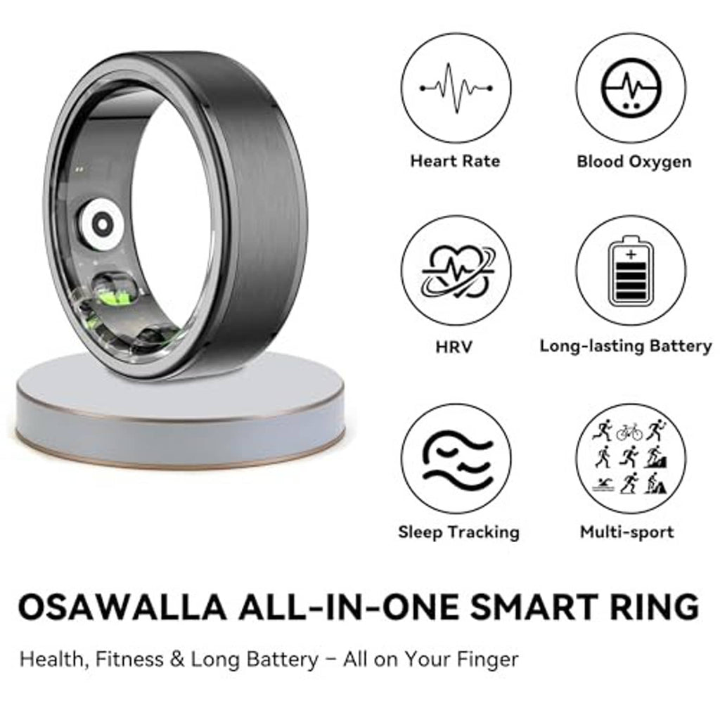 Smart fitness ring on display stand with icons for heart rate, blood oxygen, and sleep