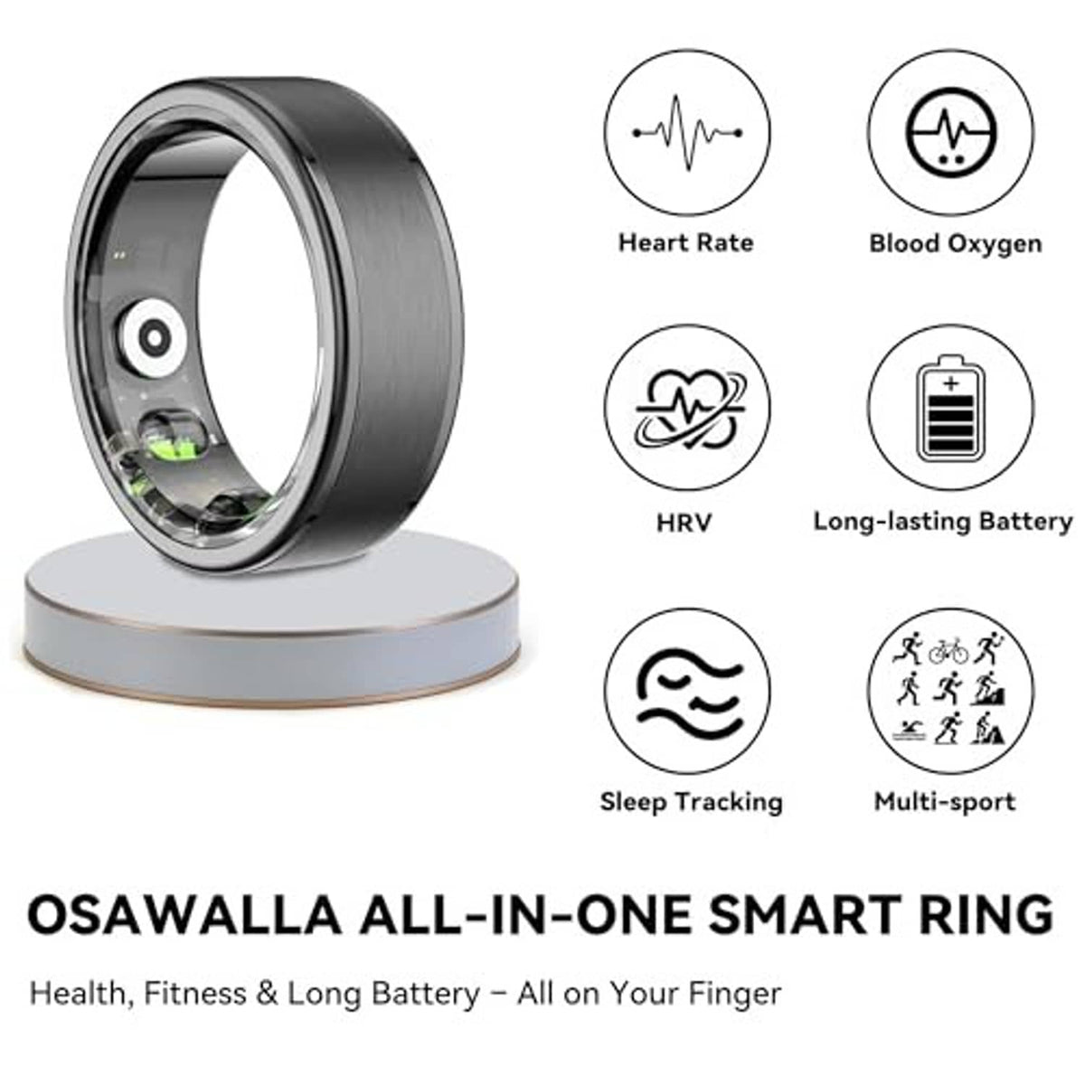 Smart fitness ring on display stand with icons for heart rate, blood oxygen, and sleep