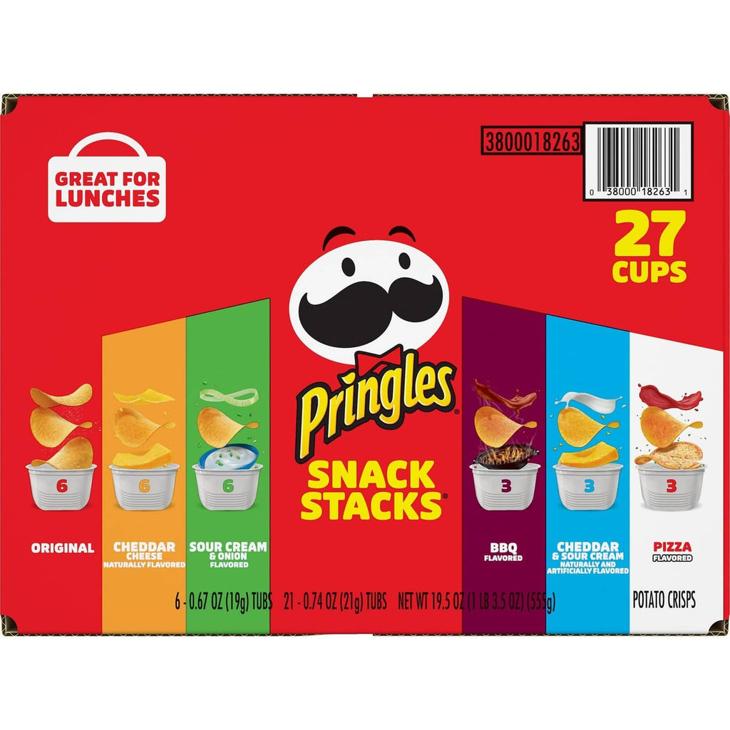 Pringles Snack Stacks box back corner with barcode and 27 cups label