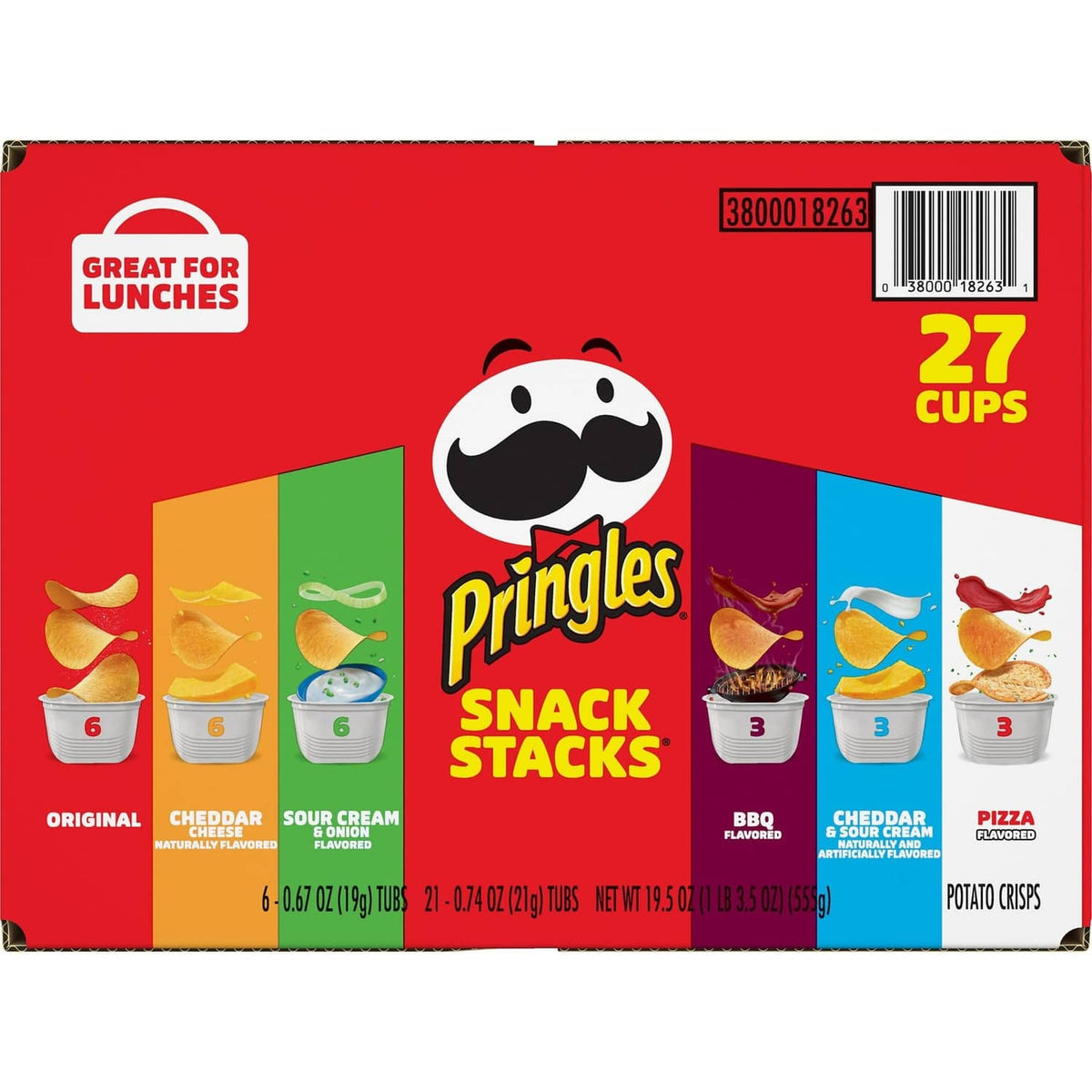 Pringles Snack Stacks box back corner with barcode and 27 cups label
