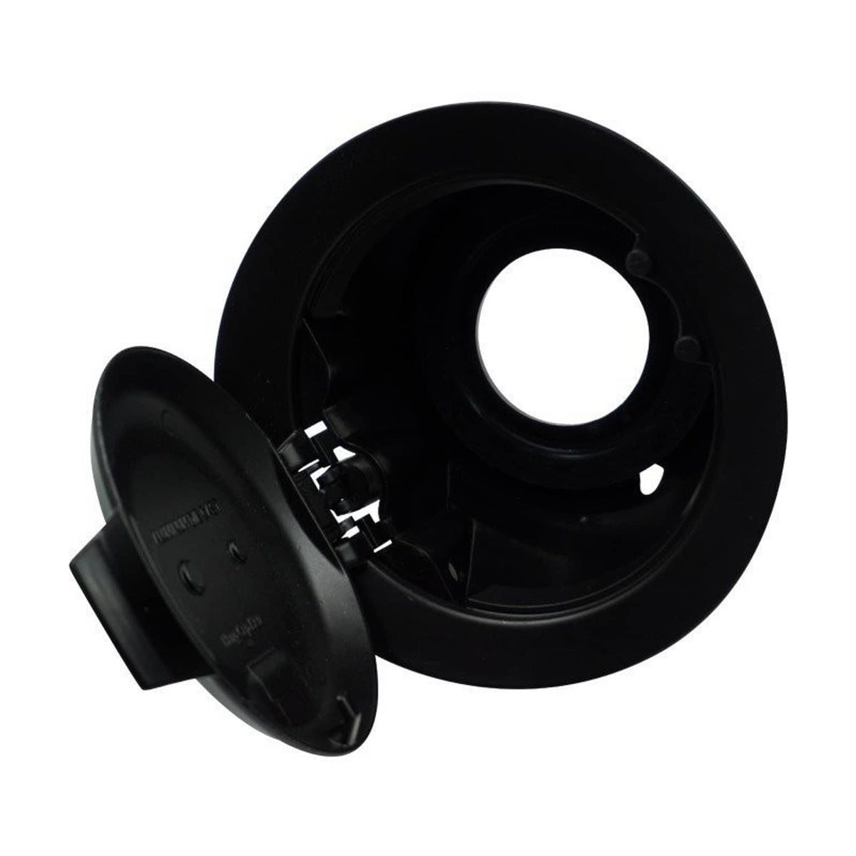 Matte black fuel gas door cover with circular opening and mounting tabs