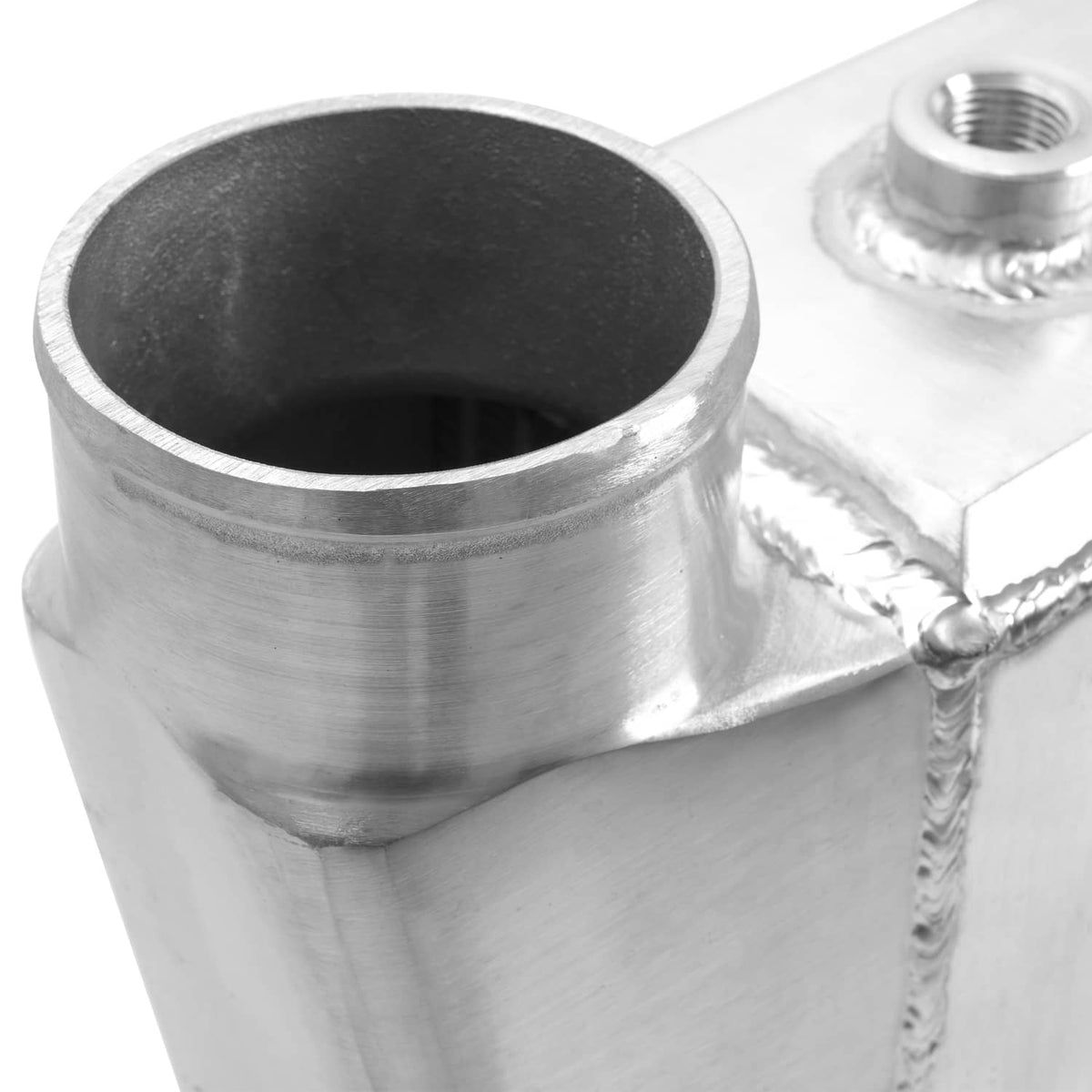 Aluminum intercooler end tube opening with smooth interior and side-mounted threaded bolt