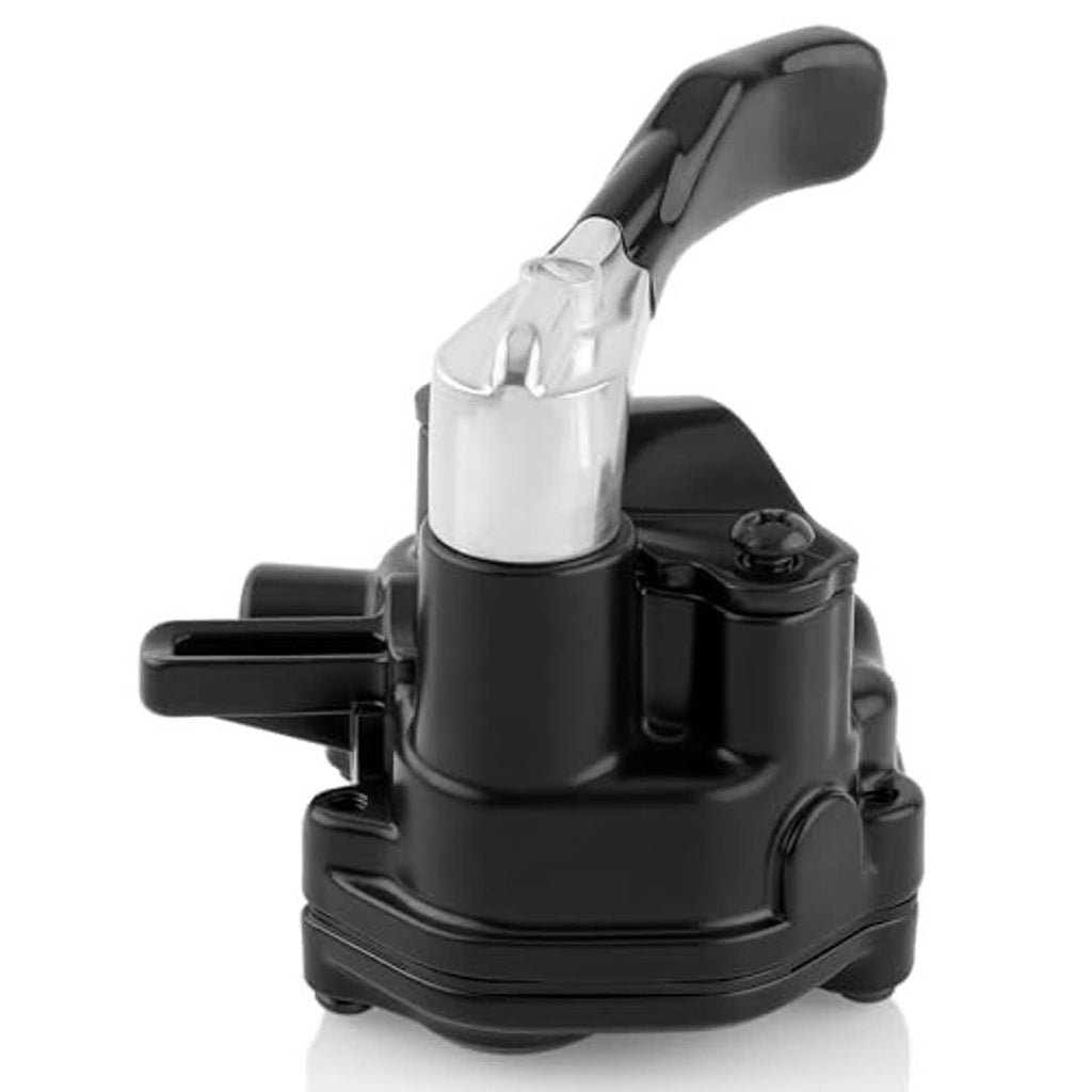 Black thumb throttle with silver metal housing and clear grip on black mount, angled.