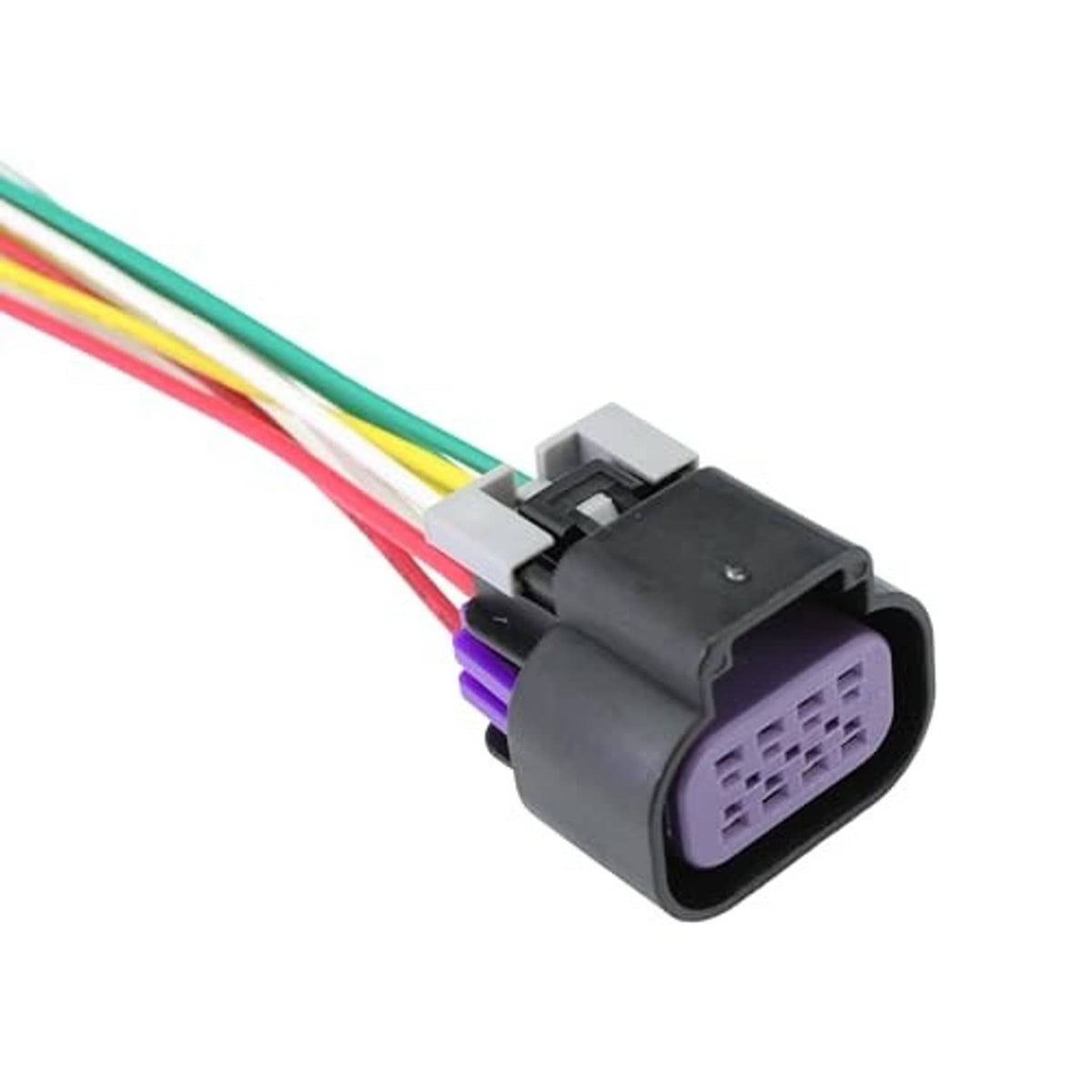 Electrical throttle connector with black body, purple latch, and multicolor wire harness
