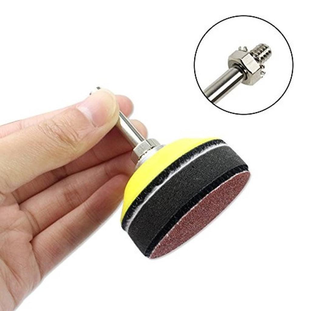 Mounted sanding disc attachment with yellow backer, red abrasive ring, metal shaft