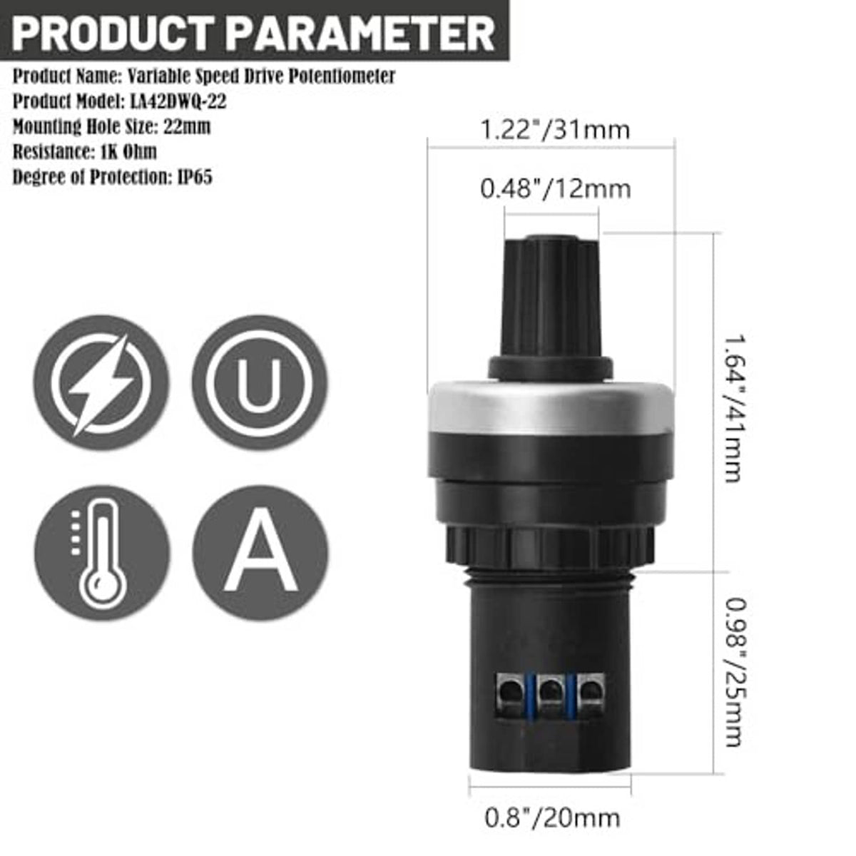 Variable speed drive potentiometer with black mounting hole and blue terminal block