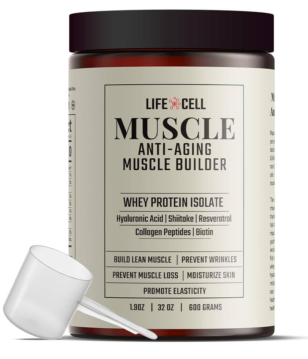 LifeCell Muscle Anti-Aging whey protein jar with scoop and dark lid
