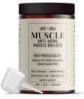 LifeCell Muscle Anti-Aging whey protein jar with scoop and dark lid