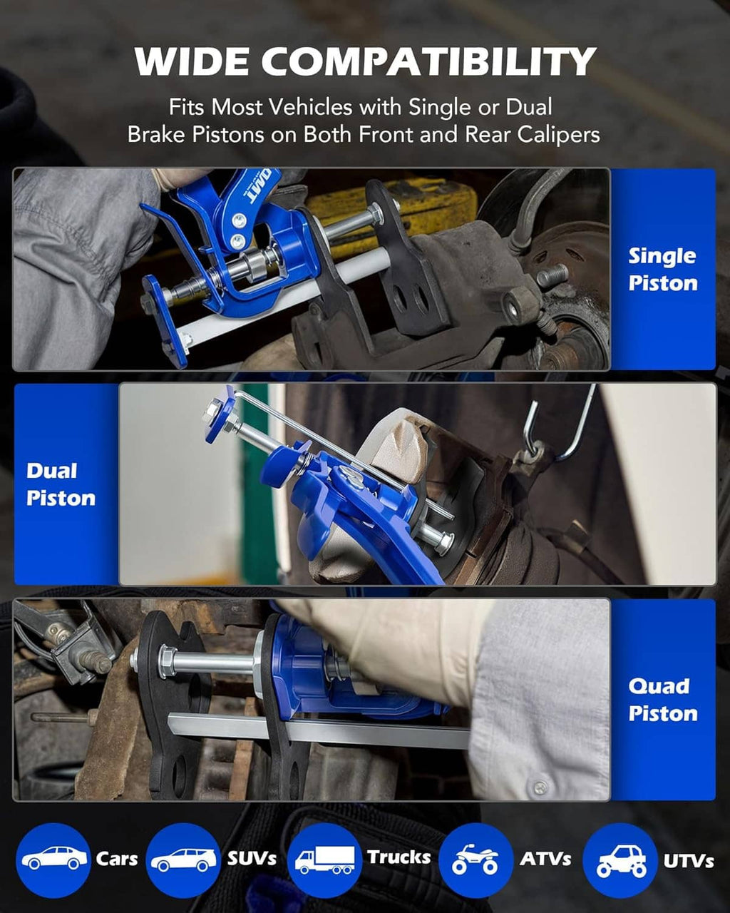 Blue brake caliper piston compressor tool shown on front and rear calipers