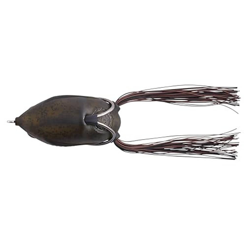 Dark camo hollow-body frog lure with curled skirt strands and metal hook ring