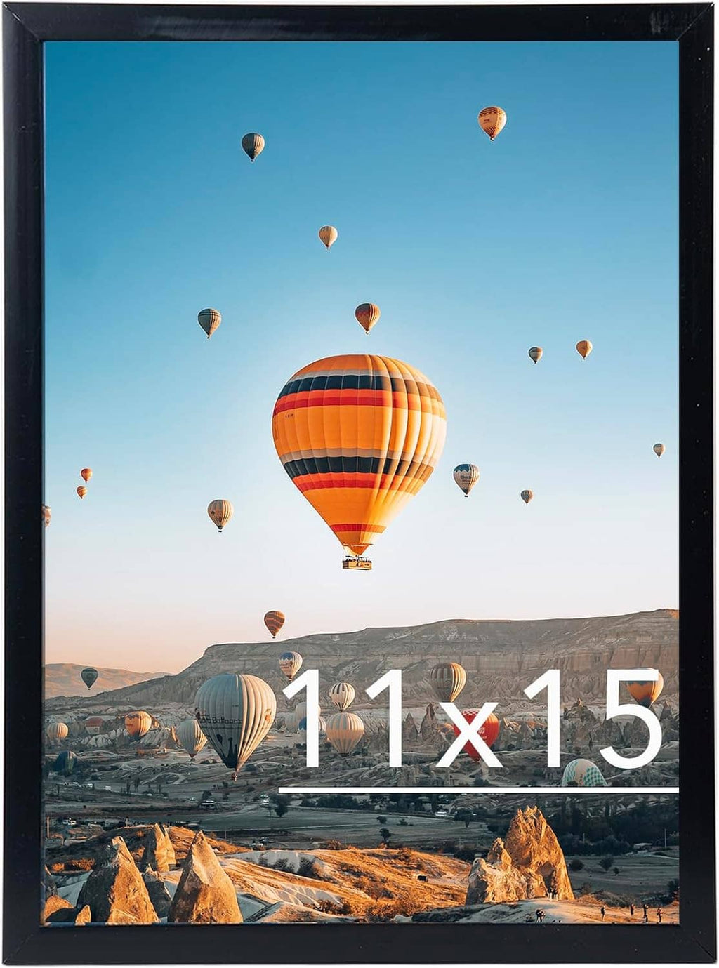 Black rectangular photo frame with hot air balloon print, centered vertical presentation