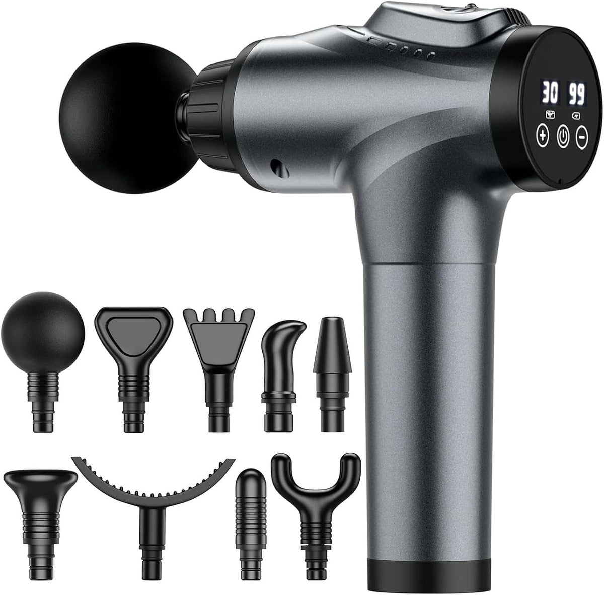 Handheld electric massage gun with ball head and multiple interchangeable attachment heads