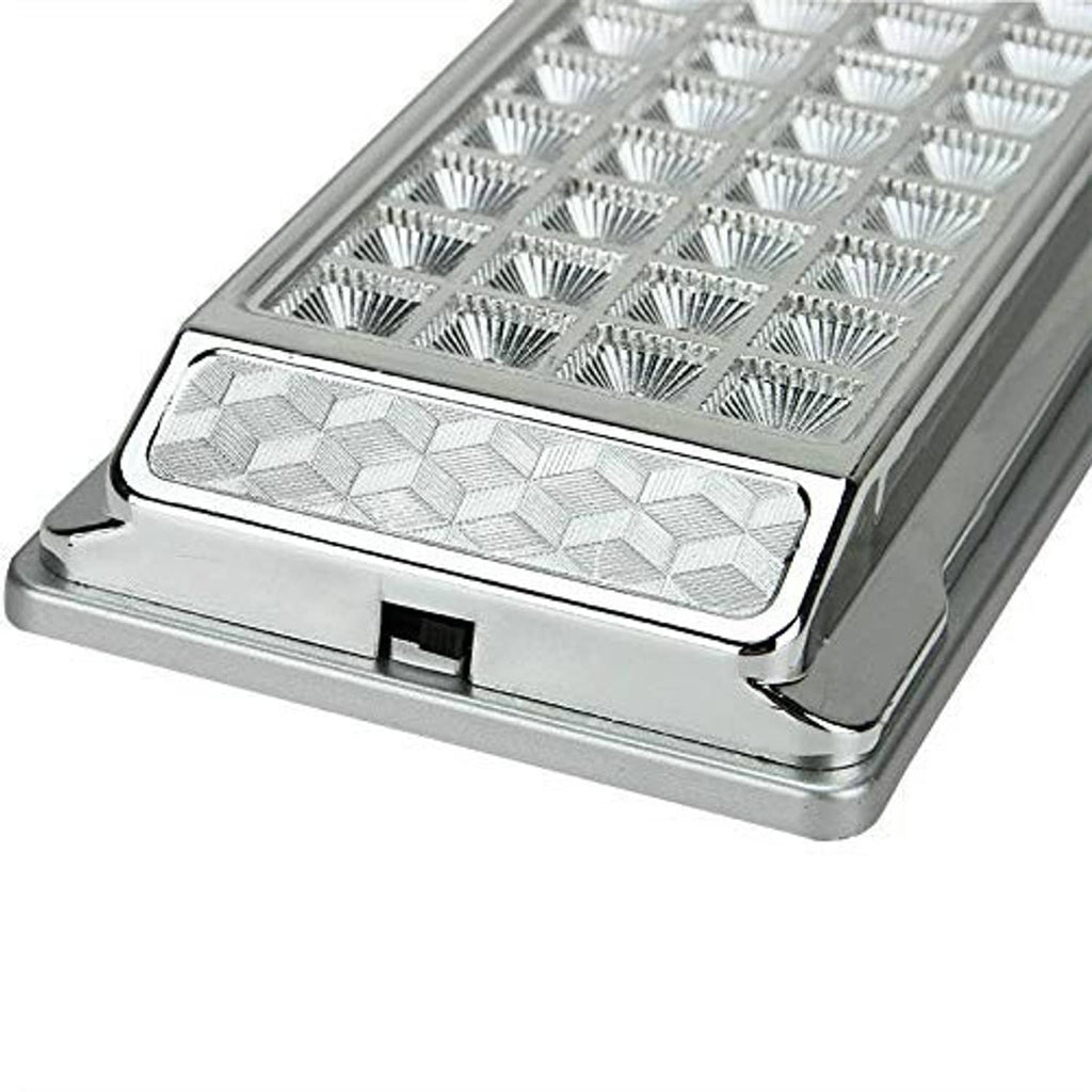 Chrome rectangular LED light close-up with textured clear lens and multiple LED cups