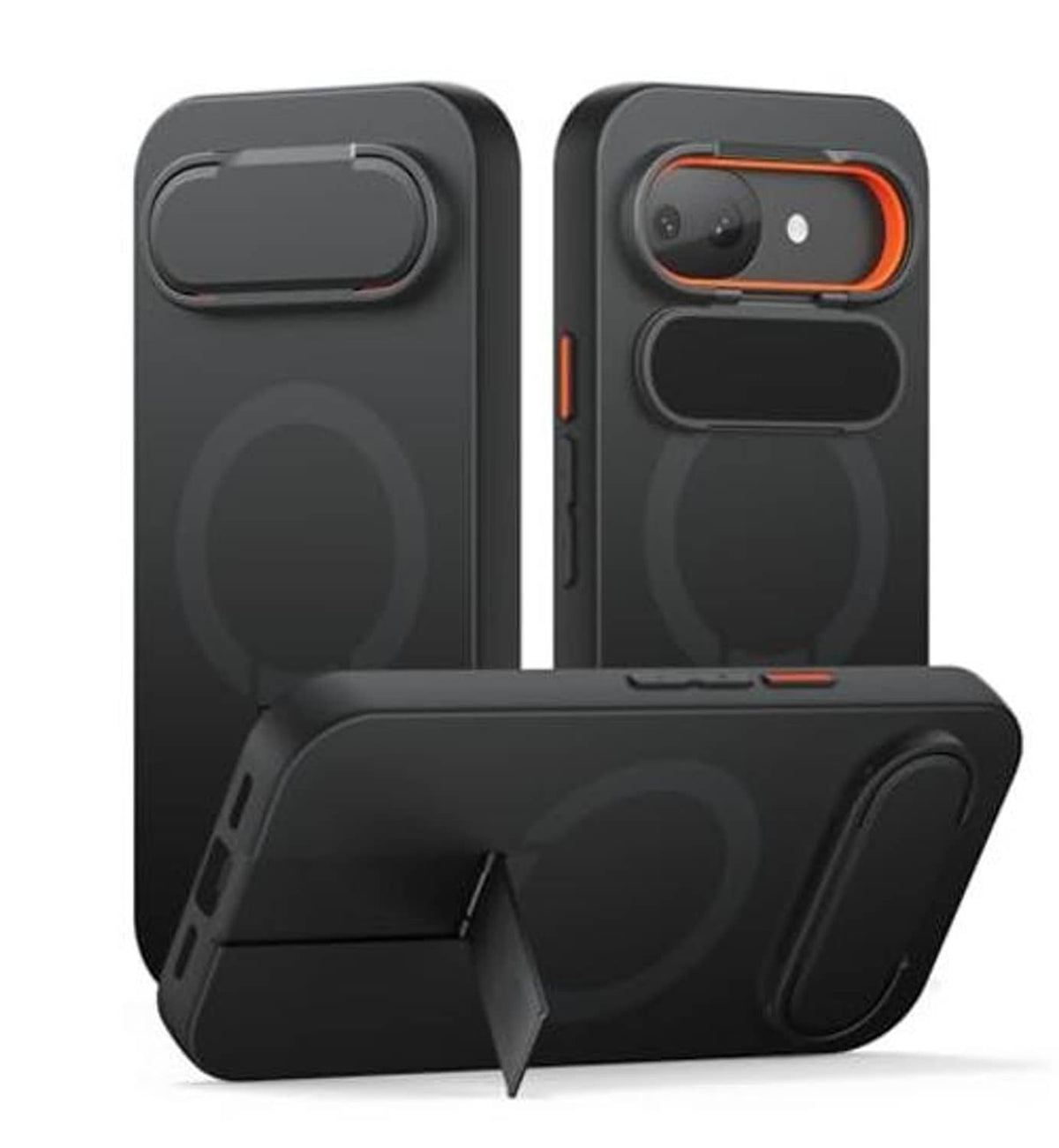 Black MagSafe phone case with fold-out kickstand and dual camera cutouts
