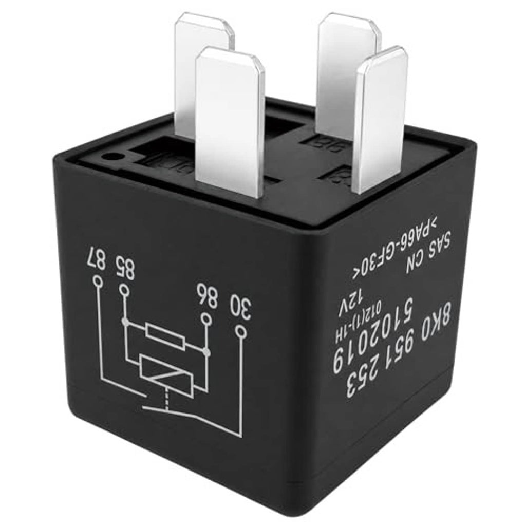 Black automotive relay with two exposed blade connectors and white circuit diagram markings