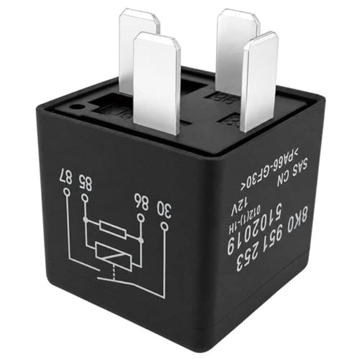 Black automotive relay with two exposed blade connectors and white circuit diagram markings