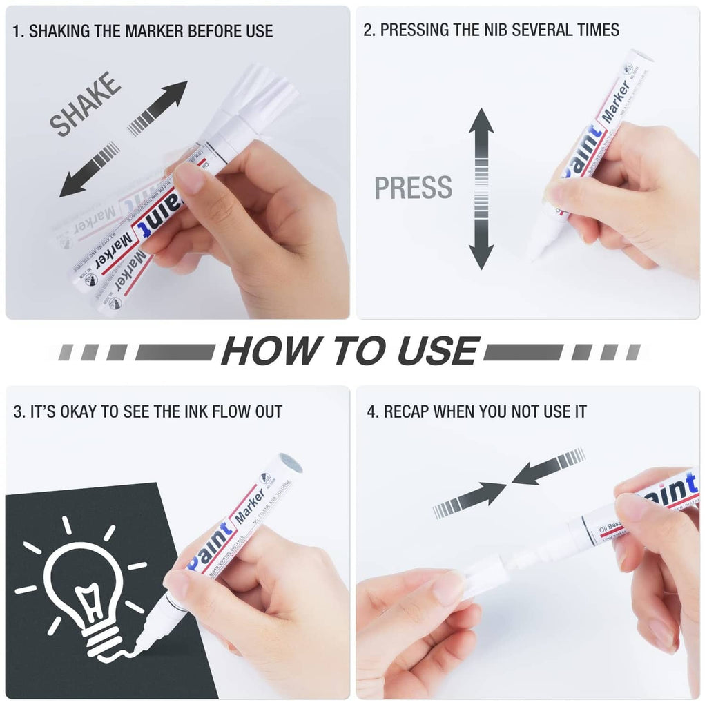 Paint marker instructions showing shake, press tip, and recap when finished