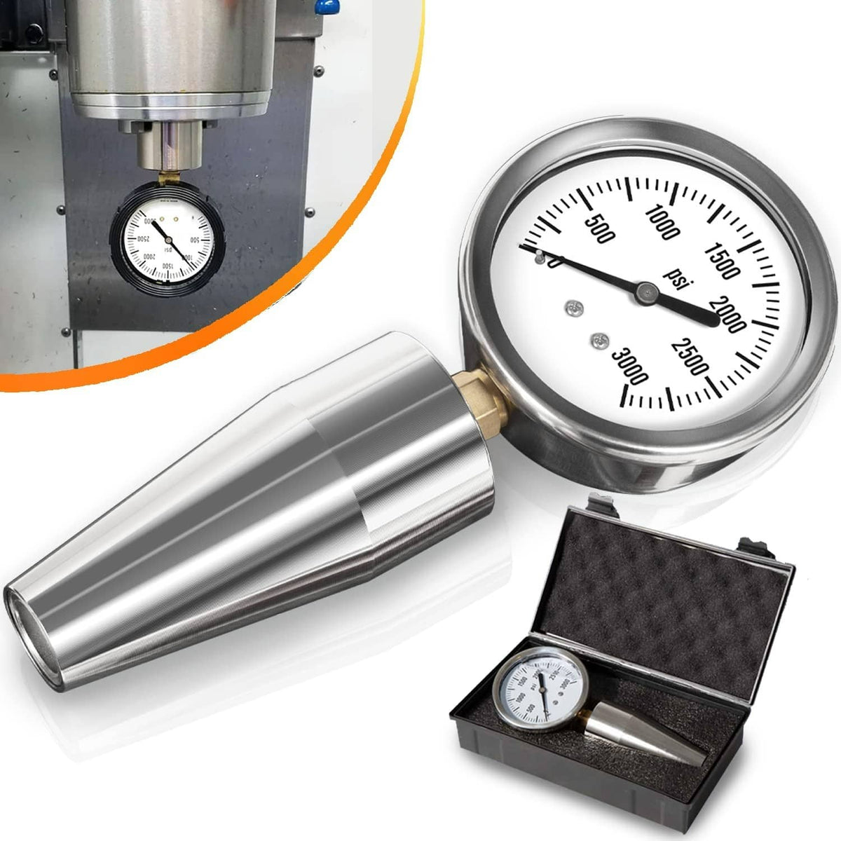 Drawbar force gage tester with dial gauge, metal tool body, and black storage case