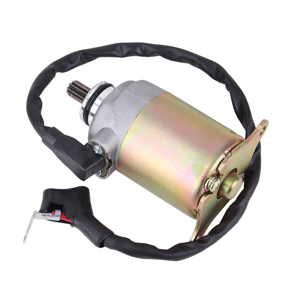 Starter motor with iridescent metal casing, gray end cap, black wire harness and mounting plates
