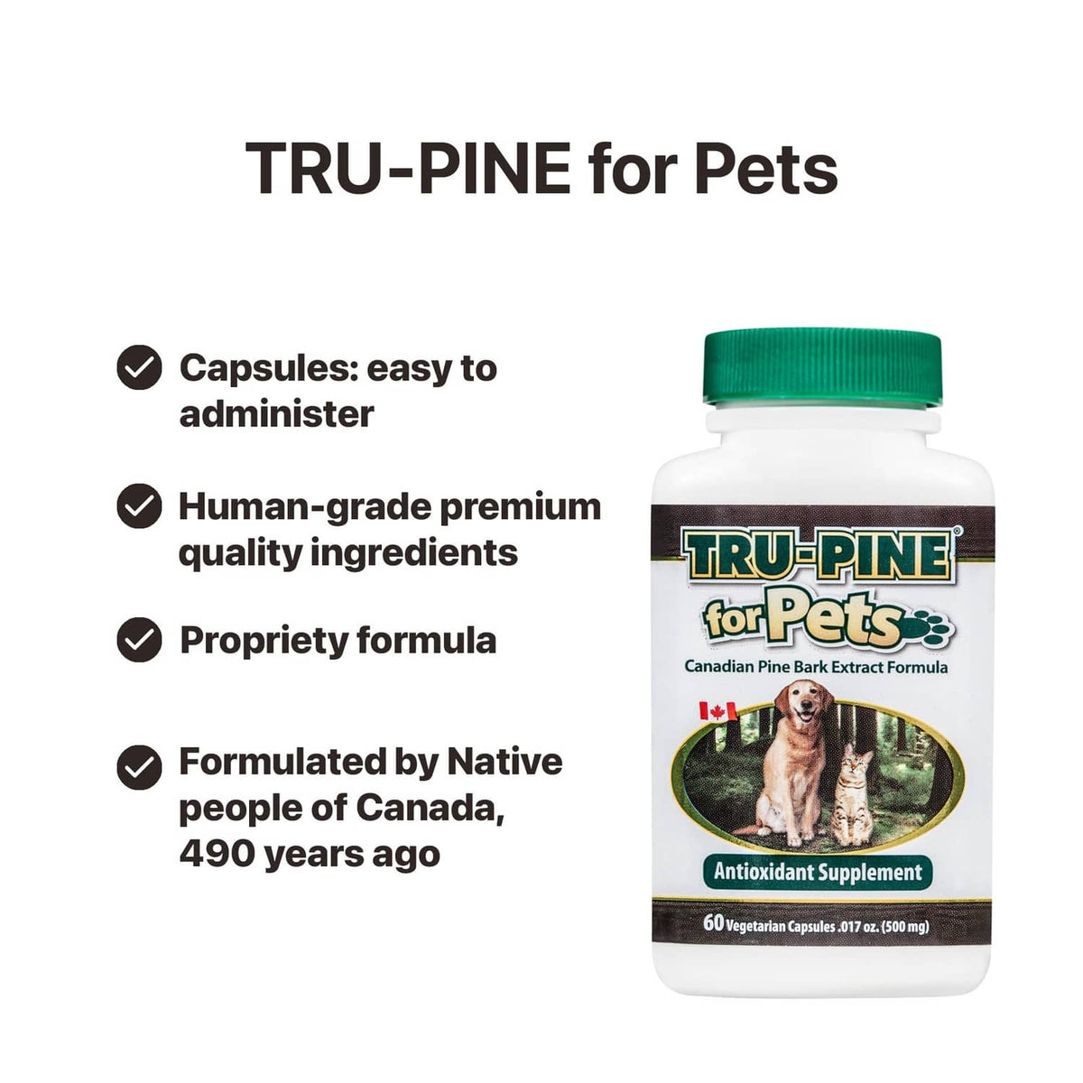 Tru-Pine for Pets antioxidant supplement bottle with green cap and feature icons