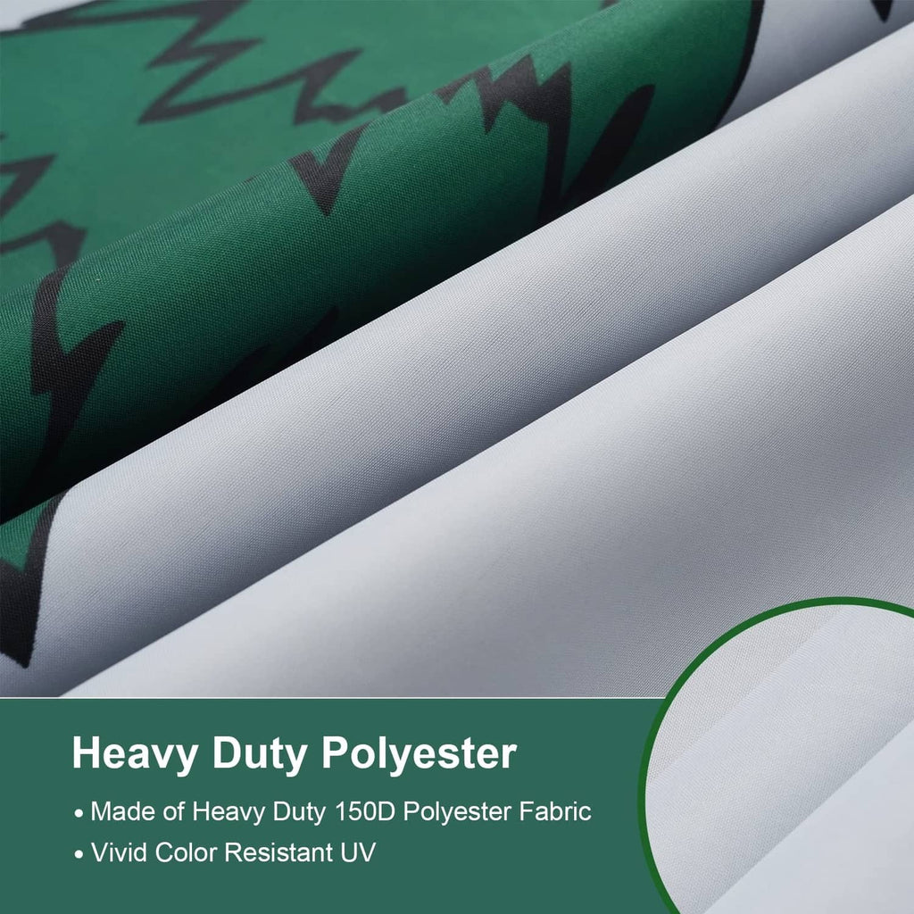 Outdoor flag fabric close-up with green tree print on white