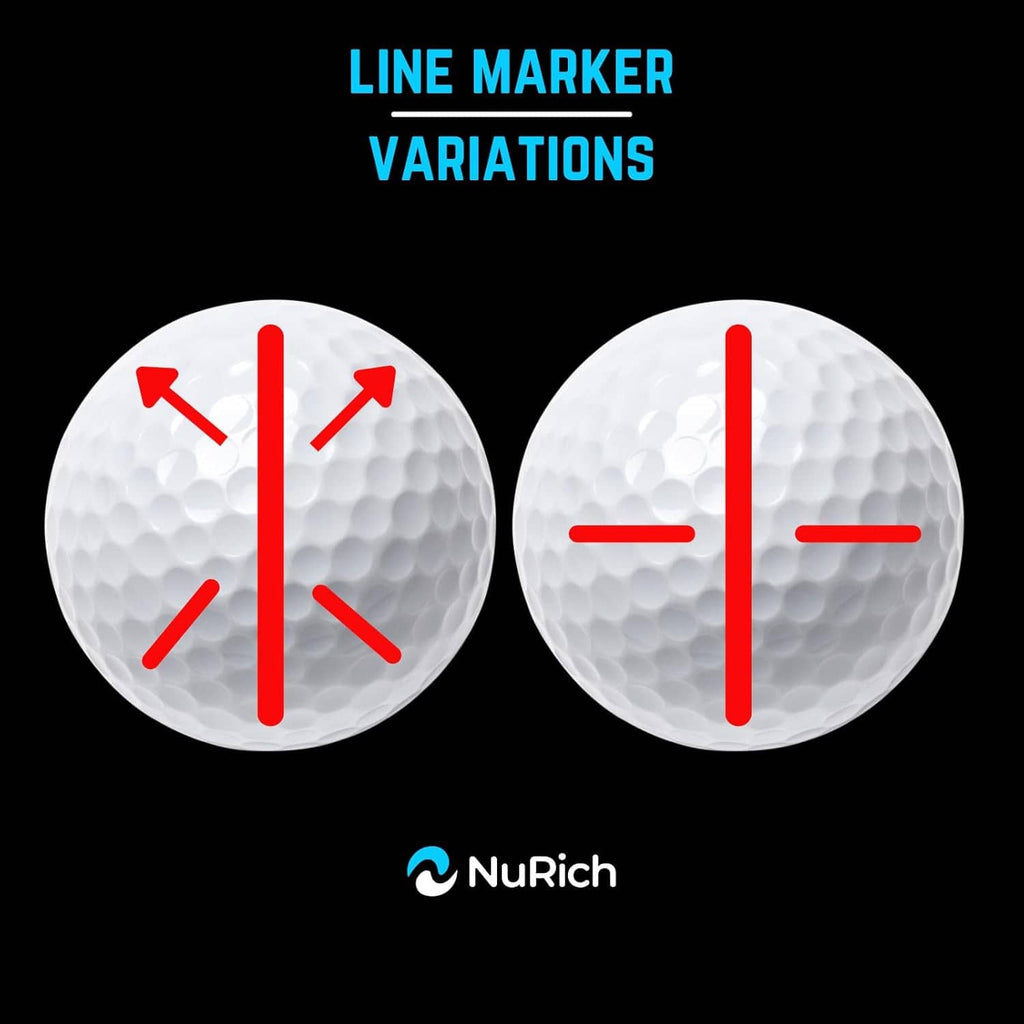 Golf ball line marker tool marking guide on two white golf balls