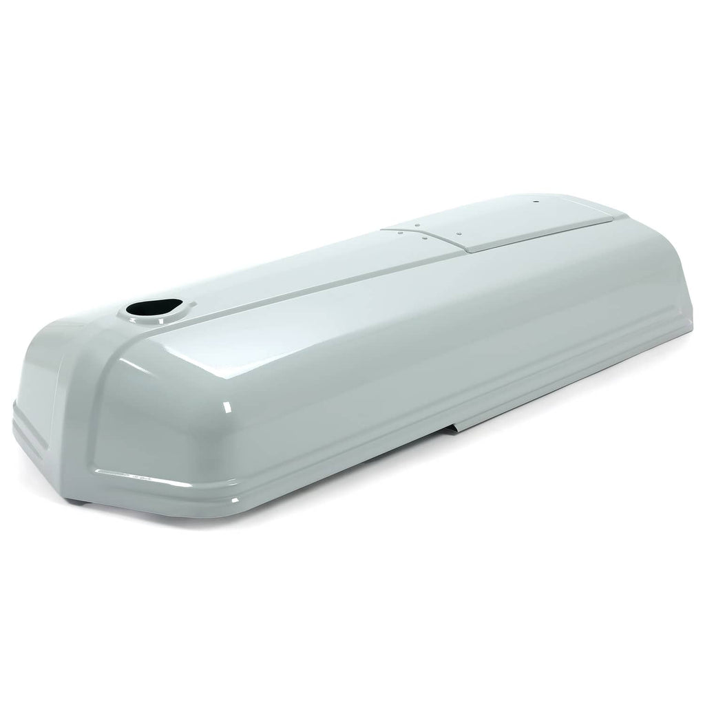 Gray tractor engine hood with top panel seams and black filler hole
