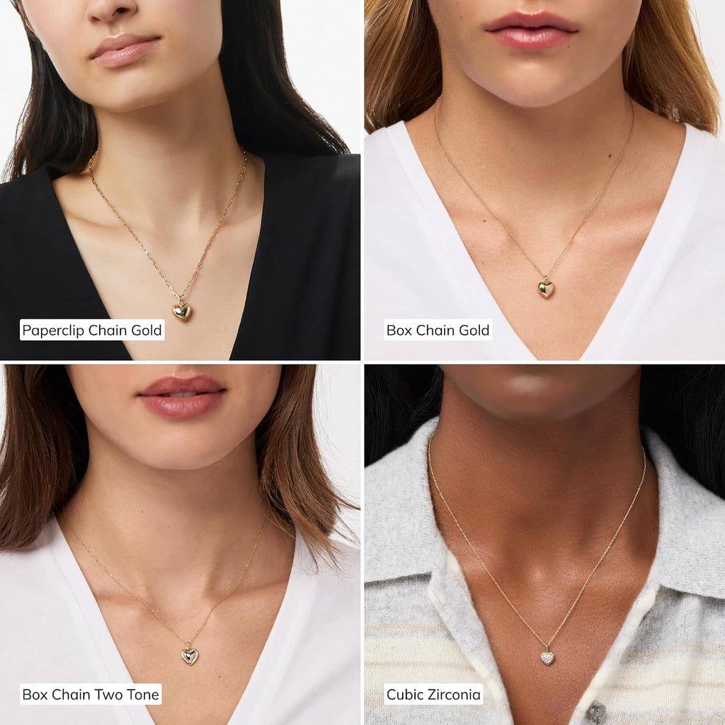 Gold-tone heart pendant necklace on models, box chain and paperclip styles shown