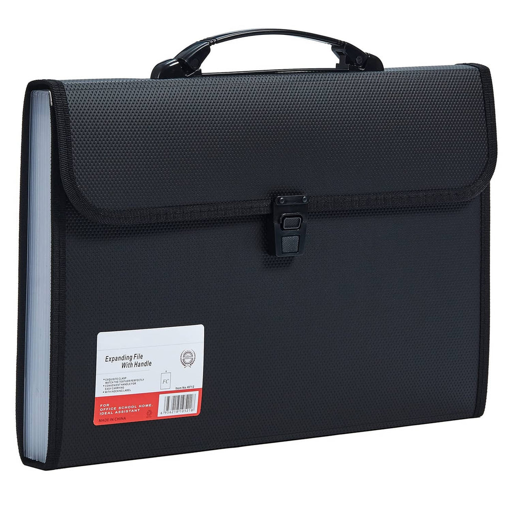 Black expandable legal-size file organizer with handle and front buckle closure