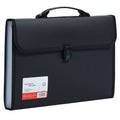 Black expandable legal-size file organizer with handle and front buckle closure