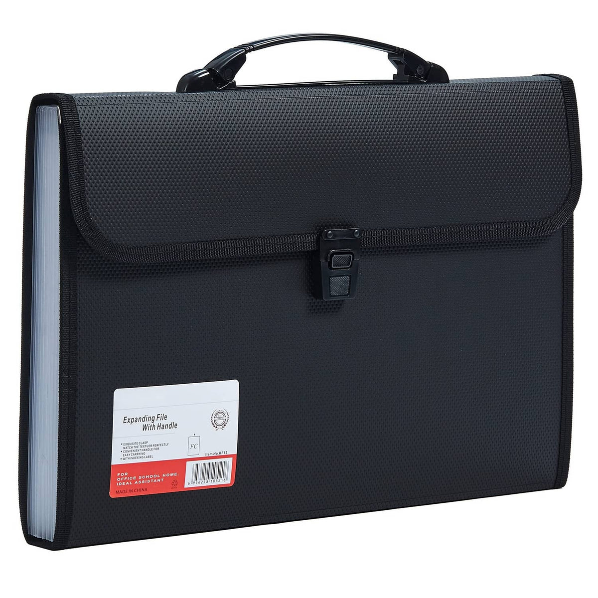 Black expandable legal-size file organizer with handle and front buckle closure