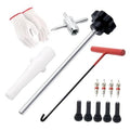 Tire valve core tool set with red handle, long rod, gloves, and black valve caps