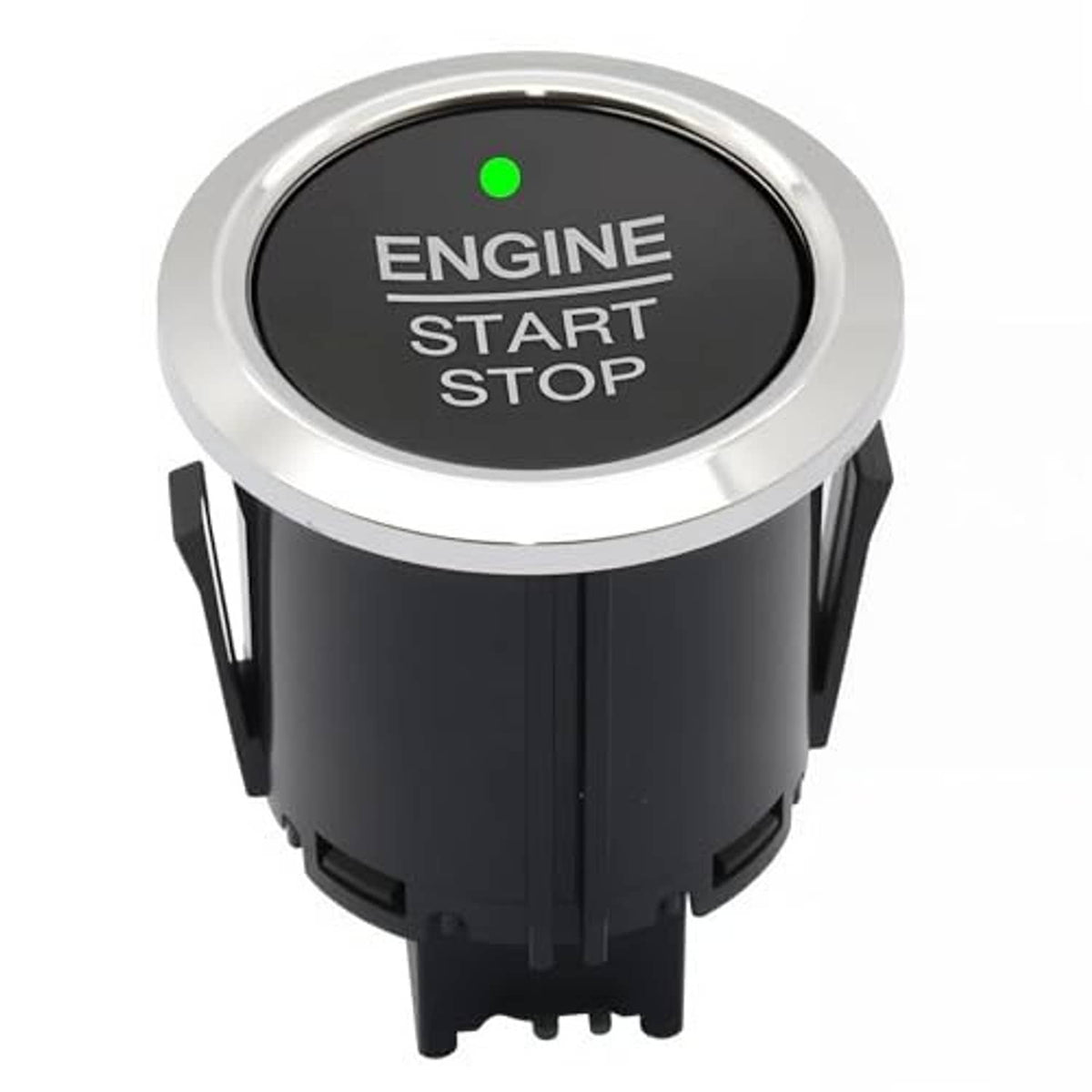 Round engine start stop button switch, black panel with ENGINE START STOP text and green dot