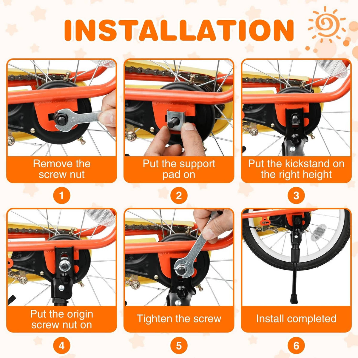 Black kickstand installation on bike frame with mounting screw and bracket