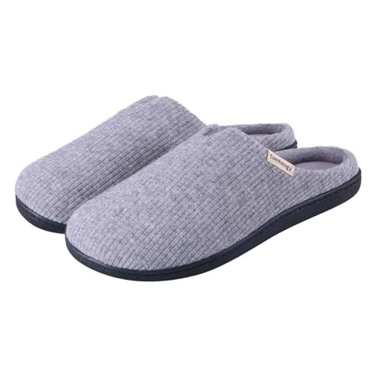 Pair of men's grey plush slip-on slippers with padded collar and dark rubber soles