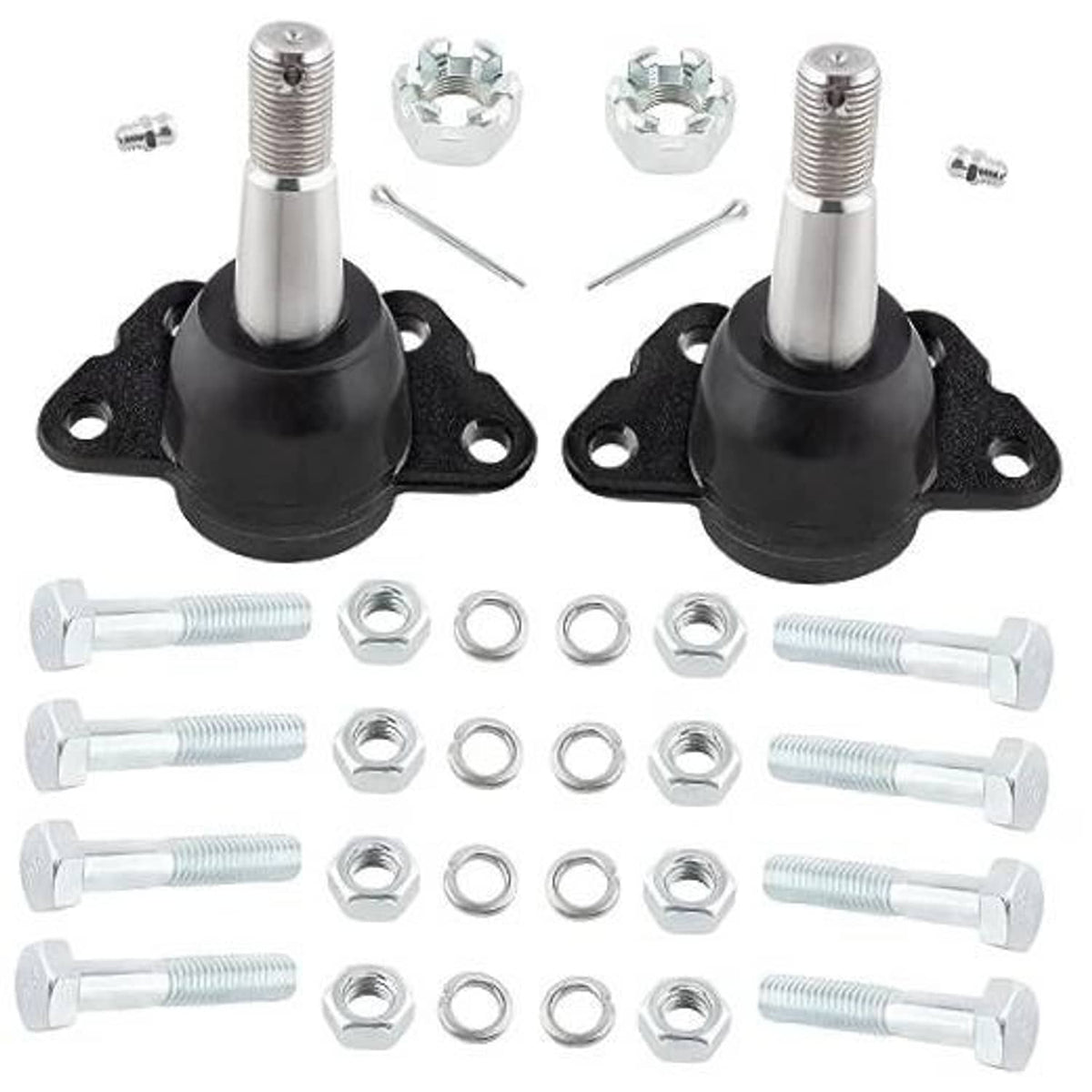 Set of 2 front upper suspension ball joints with black boots, steel bolts, and nuts