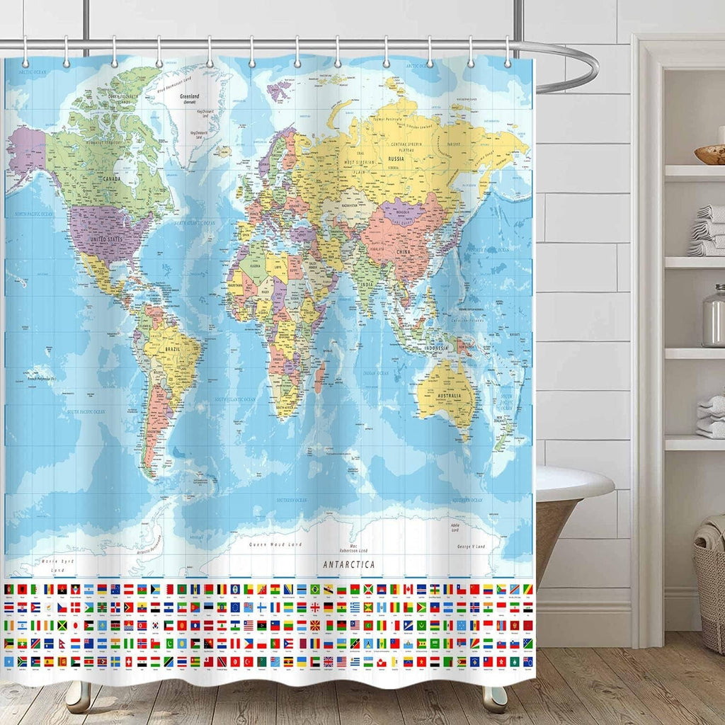 Multi-color waterproof shower curtain, world map print with flag border and top grommets