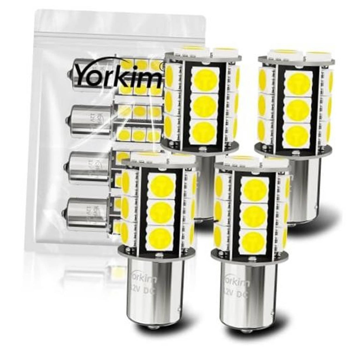 Set of LED light bulbs with metal bases and visible yellow LED chip stacks