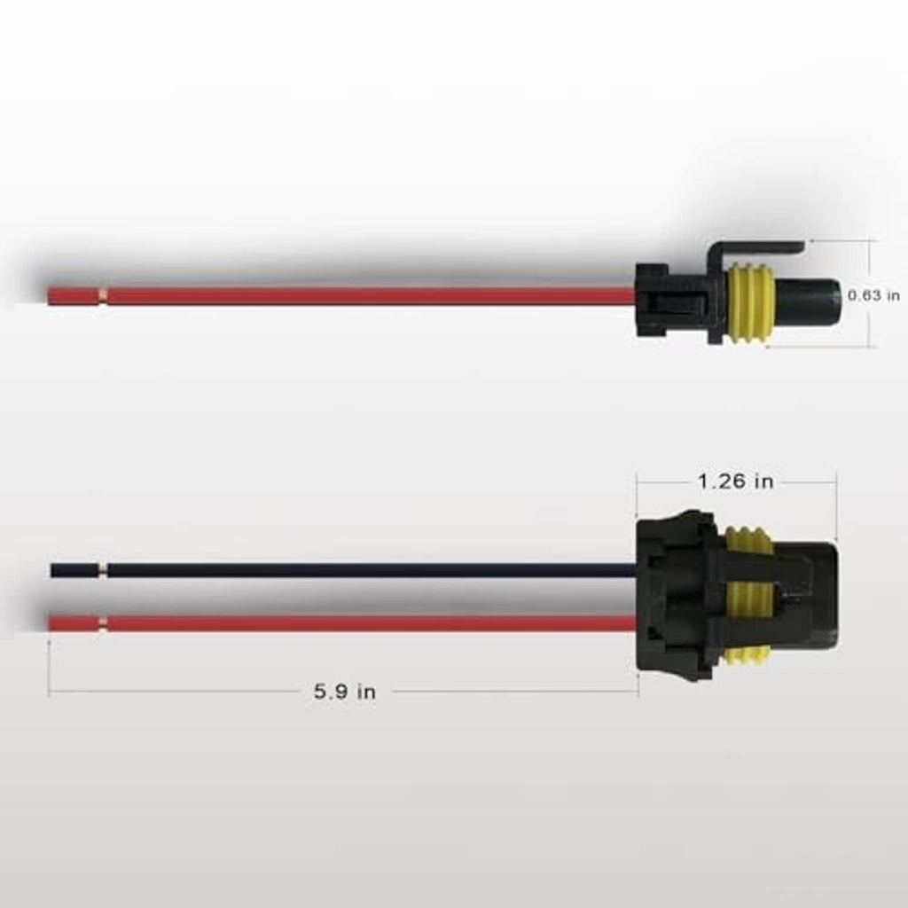 Headlight pigtail socket with black connector and red/black wires shown with dimensions