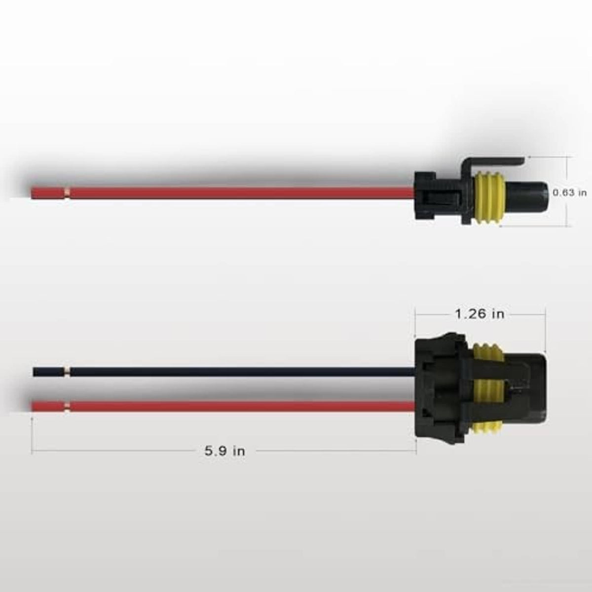 Headlight pigtail socket with black connector and red/black wires shown with dimensions