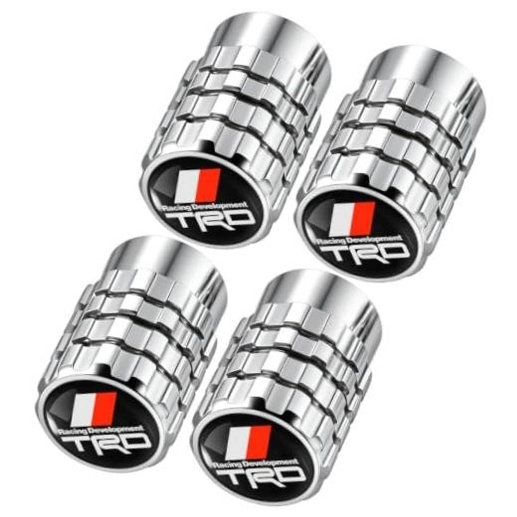 Metal tire valve stem caps, ribbed silver finish with TRD logo and red stripe (4-pack).