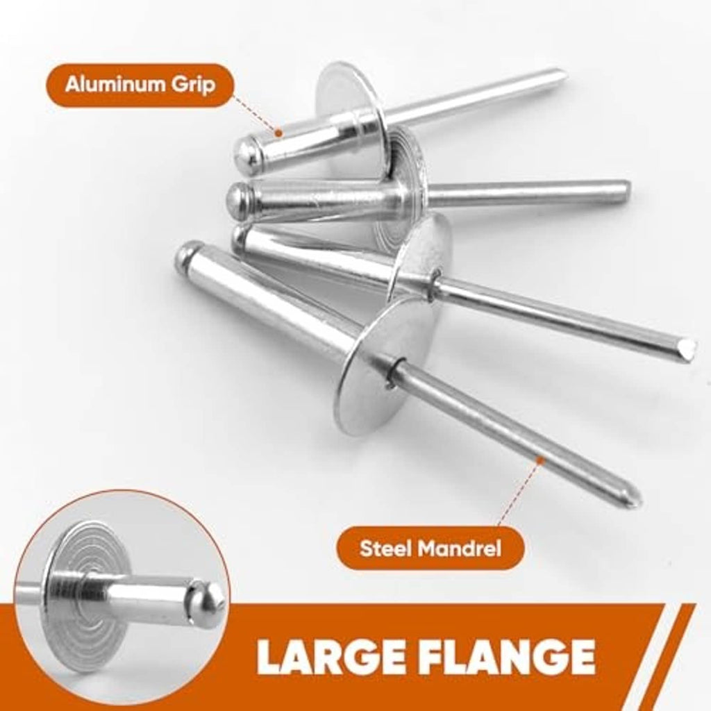 Silver large-flange blind rivets with aluminum grip and steel mandrel pieces