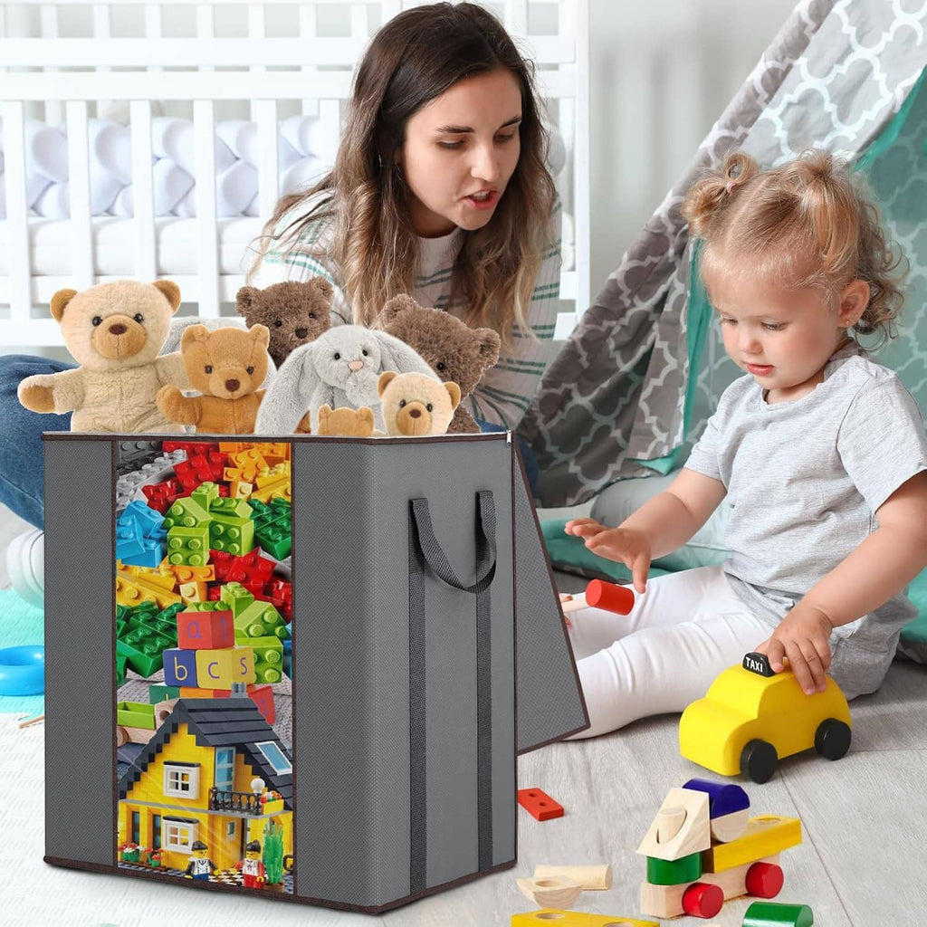 Gray fabric storage box with brown trim, two handles, clear front window with toys and blocks