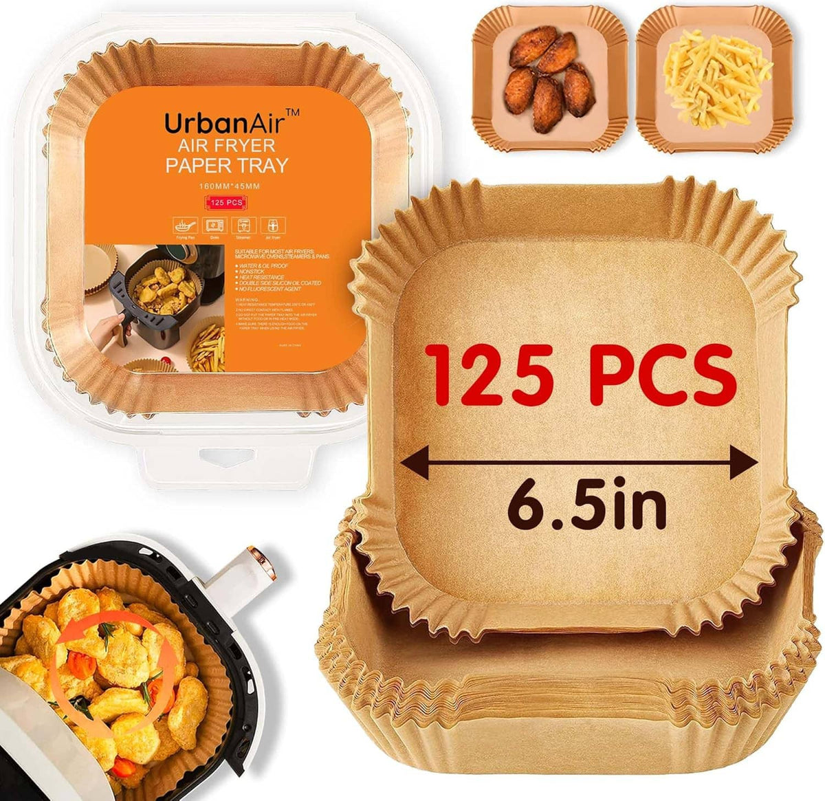 6.5 in square air fryer paper liners set, kraft trays with 125-count packaging