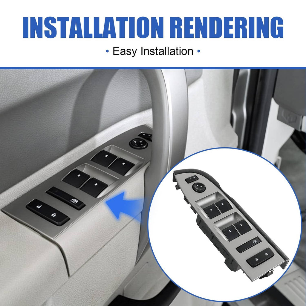 Power window switch with black bezel shown on door panel, with master control buttons