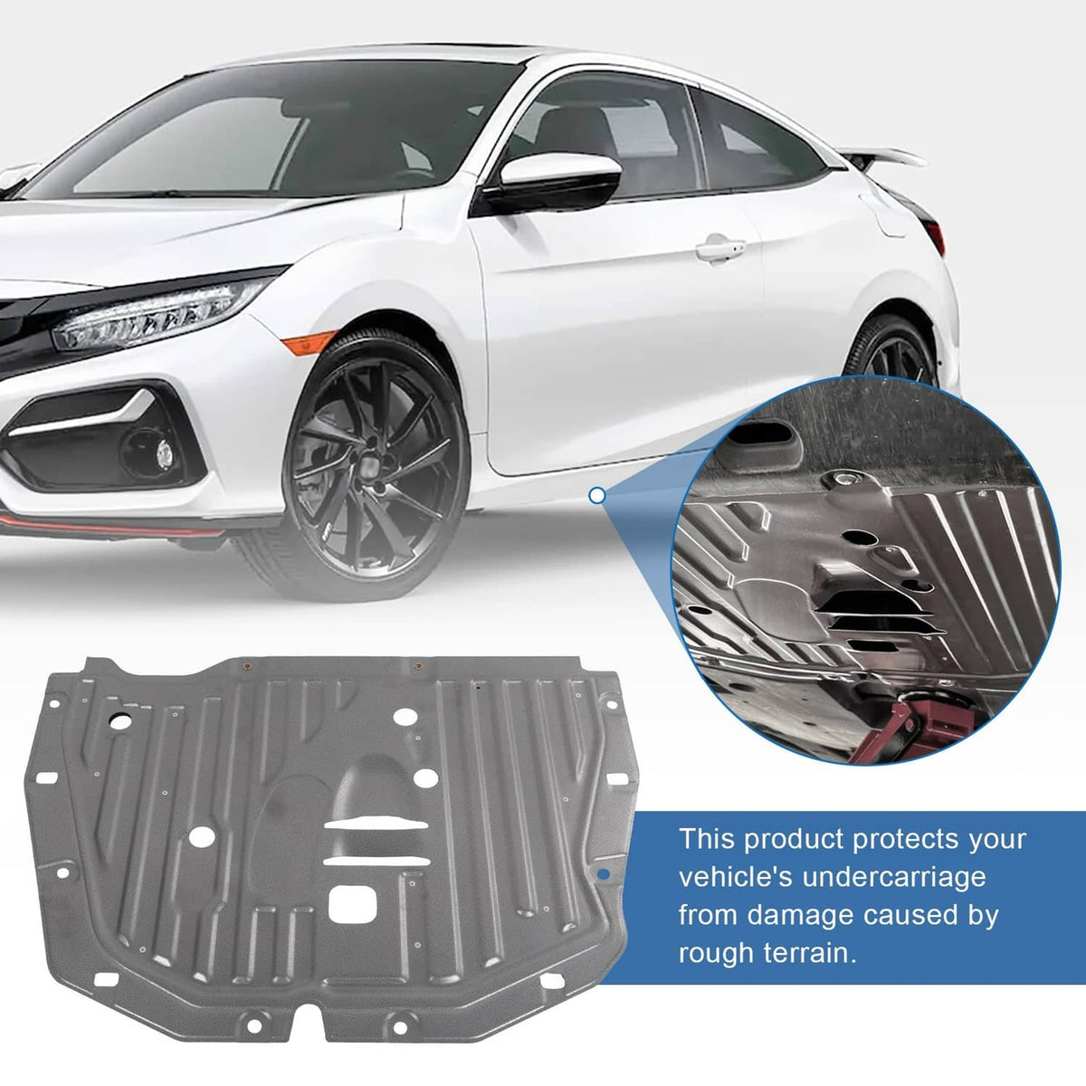 Under car splash guard shield, dark gray ridged metal plate with mounting holes