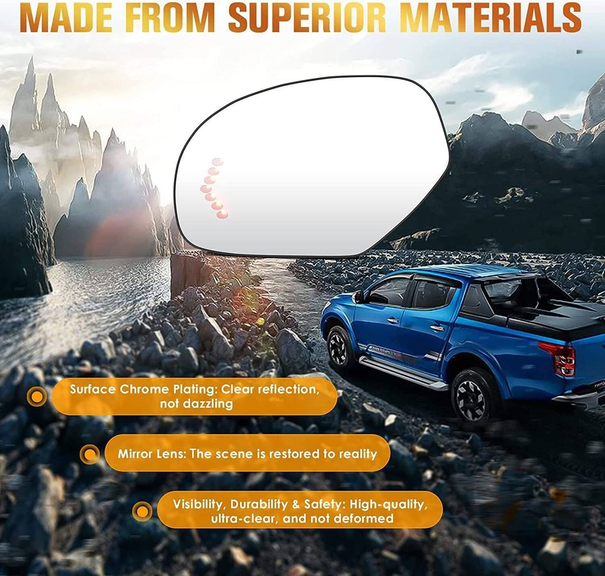 Heated mirror glass insert with red turn-signal LED dots and reflective chrome surface (left)