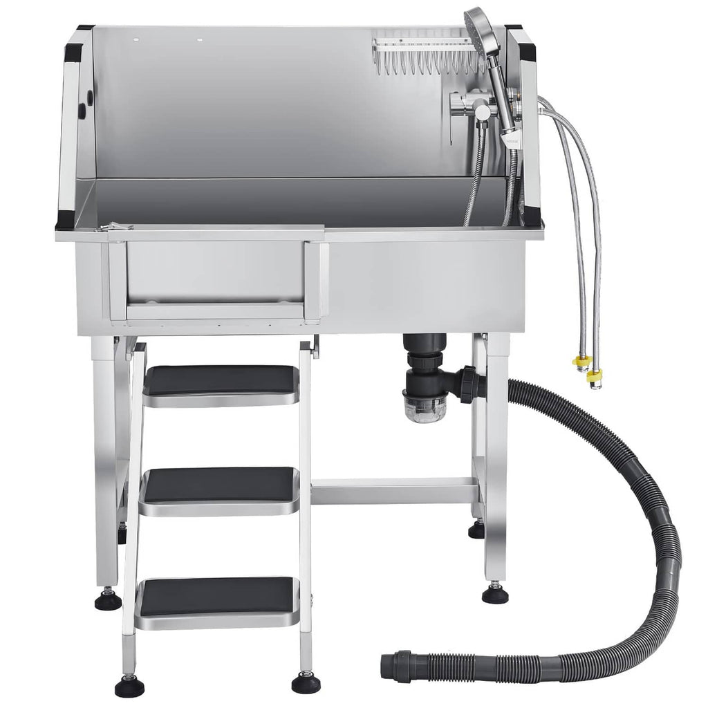 Stainless steel pet grooming tub with steps and connected drainage hose